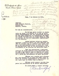 [Carta] 1951 feb. 7, Roma, [Italia] [a] Gabriela Mistral, Rapallo, Italia