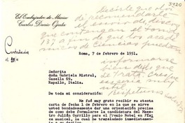 [Carta] 1951 feb. 7, Roma, [Italia] [a] Gabriela Mistral, Rapallo, Italia