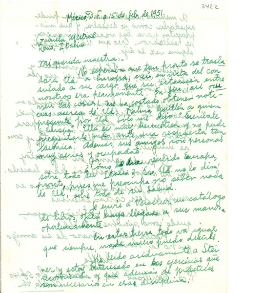 [Carta] 1951 feb. 15, México, D.F. [a] Gabriela Mistral, Roma, Italia