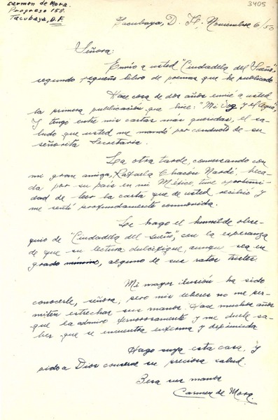 [Carta] 1950 nov. 6, Tacubaya, México D.F [a] Gabriela Mistral