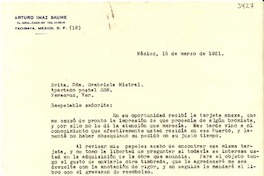 [Carta] 1951 mar. 15, Tacubaya, México, D.F. [a] Gabriela Mistral, Apartado postal 338, Veracruz, Ver., [México]