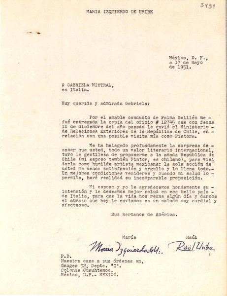 [Carta] 1951 mayo 17, México, D.F., México [a] Gabriela Mistral, Italia