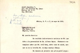 [Carta] 1952 mayo 31, México D. F. [a] Gabriela Mistral, Nápoles, Italia