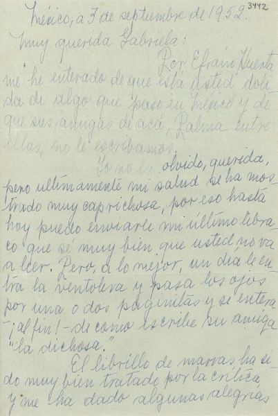 [Carta] 1952 sept. 3, México [a] Gabriela Mistral