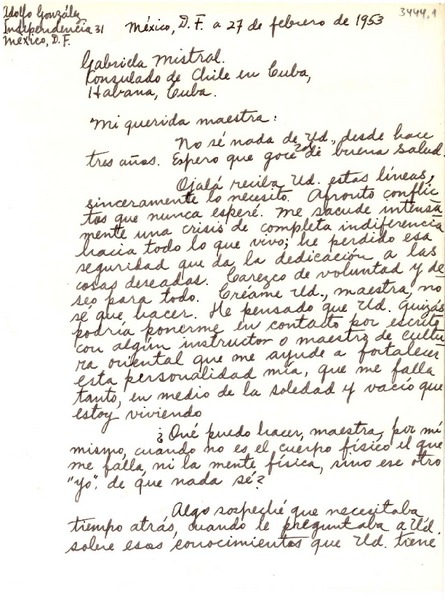 [Carta] 1953 feb. 27, México D.F. [a] Gabriela Mistral, La Habana, Cuba