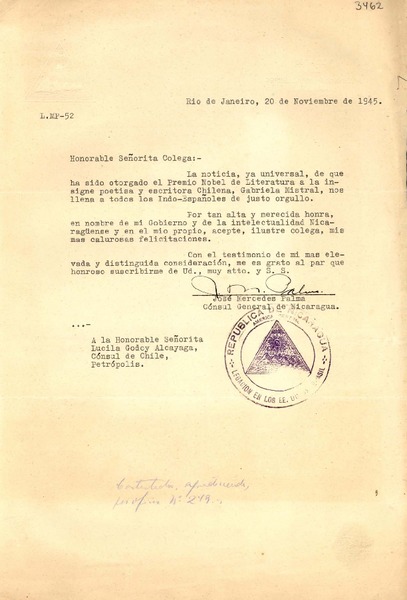 [Carta] 1945 nov. 20, Rio de Janeiro, [Brasil] [a] Lucila Godoy Alcayaga, Cónsul de Chile, Petrópolis, [Brasil]
