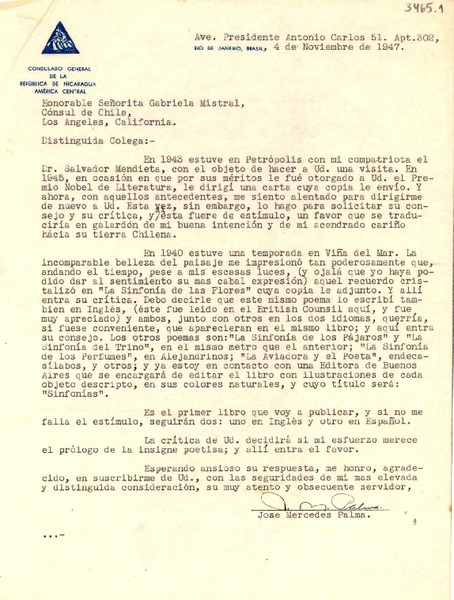 [Carta] 1947 nov. 4, Río de Janeiro, Brasil [a] Gabriela Mistral, Los Angeles, Estados Unidos