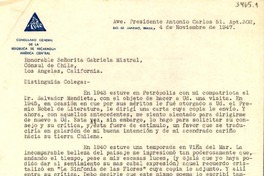 [Carta] 1947 nov. 4, Río de Janeiro, Brasil [a] Gabriela Mistral, Los Angeles, Estados Unidos