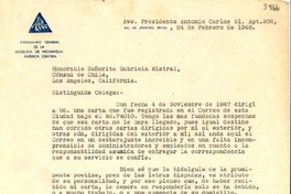 [Carta] 1948 feb. 24, Río de Janeiro, Brasil [a] Gabriela Mistral, Los Angeles, California, [EE.UU.]