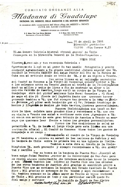[Carta] 1955 abr. 25, Trento, [Italia] [a] Gabriela Mistral, New York