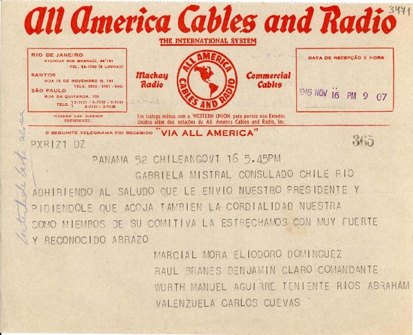 [Telegrama] 1945 nov. 16, Panamá [a] Gabriela Mistral, Río [de Janeiro]