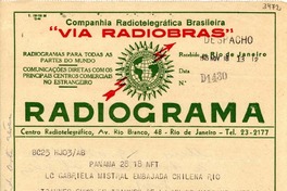 [Telegrama] 1948 nov., Panamá [a] Gabriela Mistral, Río de Janeiro