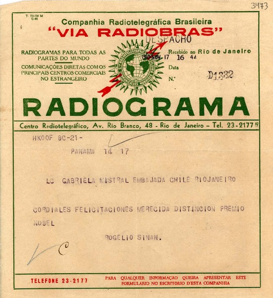 [Telegrama] 1945 nov., Panamá [a] Gabriela Mistral, Río de Janeiro