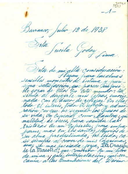 [Carta] 1938 jul. 12, Barranco, [Perú] [a] Lucila Godoy, Lima, [Perú]