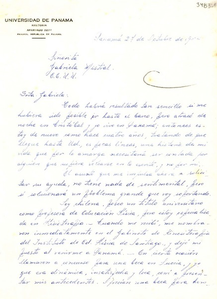 [Carta] 1954 oct. 27, Panamá [a] Gabriela Mistral, EE.UU.