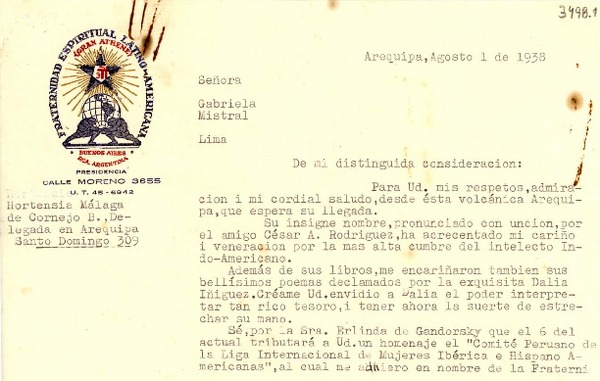 [Carta] 1938 ago. 1, Arequipa, [Perú] [a] Gabriela Mistral, Lima