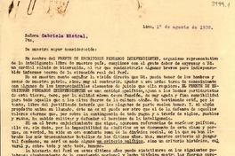 [Carta] 1938 ago. 1, Lima, [Perú] [a] Gabriela Mistral