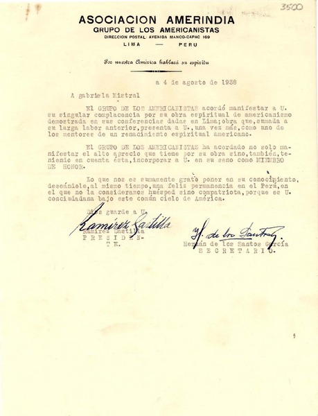 [Carta] 1938 ago. 4, Lima, Perú [a] Gabriela Mistral