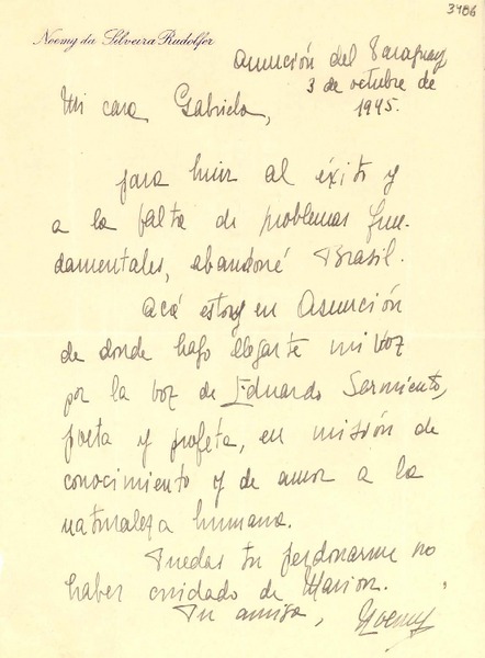 [Carta] 1945 oct. 3, Asunción del Paraguay [a] Gabriela Mistral
