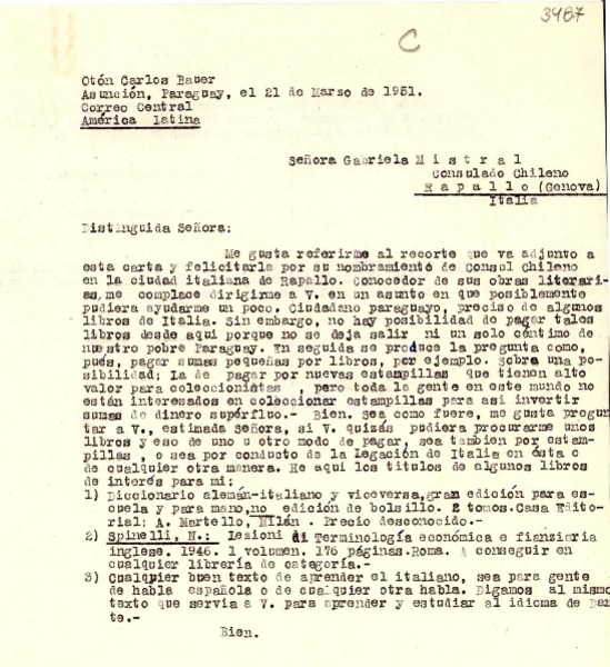 [Carta] 1951 mar. 21, Asunción, Paraguay [a] Gabriela Mistral, Rapallo, Italia