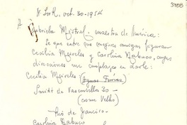 [Carta] 1954 oct. 30, Nueva York [a] Gabriela Mistral