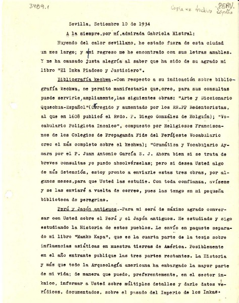 [Carta] 1934 sept. 10, Sevilla [a] Gabriela Mistral