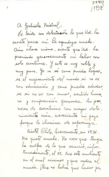 [Carta] 1934, Lima [a] Gabriela Mistral