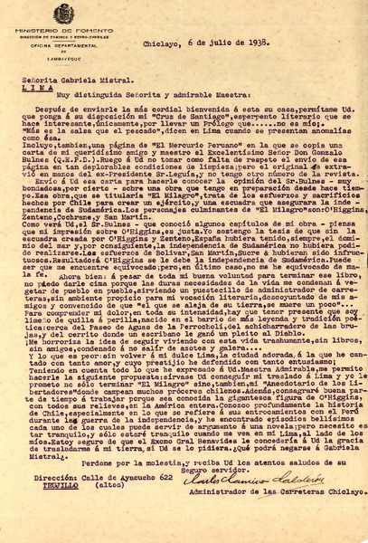 [Carta] 1938 jul. 6, Chiclayo, [Perú] [a] Gabriela Mistral, Lima