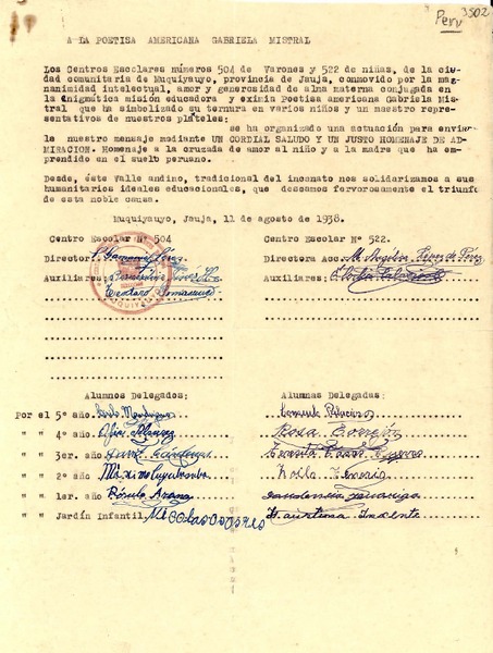 [Carta] 1938 ago. 11, Muquiyauyo, Jauja, [Perú] [a] Gabriela Mistral