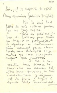 [Carta] 1938 ago. 17, Lima [a] Gabriela Mistral