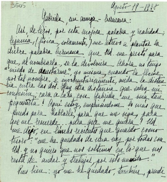[Carta] 1938 ago. 19, Lima [a] Gabriela Mistral