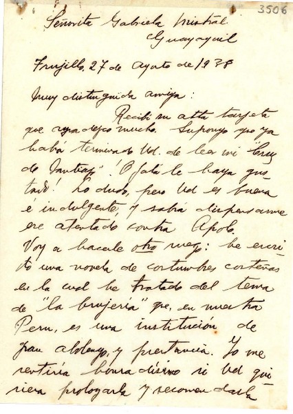 [Carta] 1938 ago. 27, Trujillo, [Perú] [a] Gabriela Mistral, Guayaquil