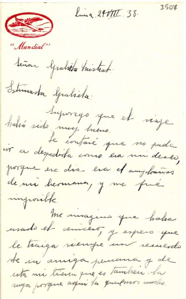 [Carta] 1938 ago. 29, [Perú] [a] Gabriela Mistral
