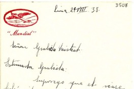 [Carta] 1938 ago. 29, [Perú] [a] Gabriela Mistral