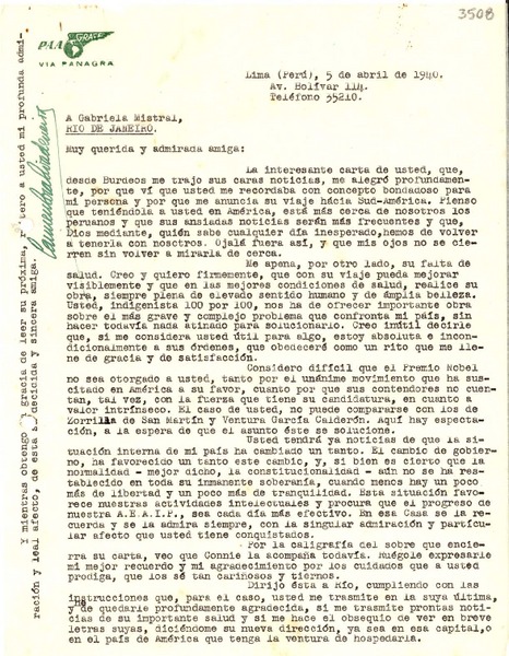 [Carta] 1940 abr. 5, Lima, Perú [a] Gabriela Mistral, Río de Janeiro