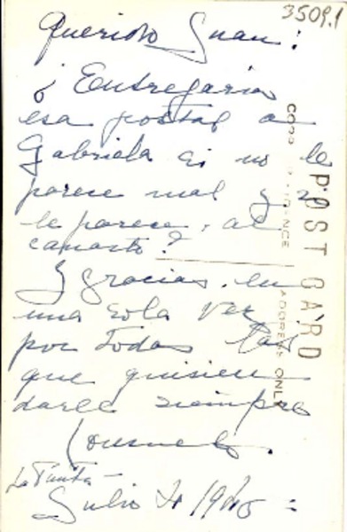 [Tarjeta postal] 1946 jul., Callao, Perú [a] Gabriela Mistral