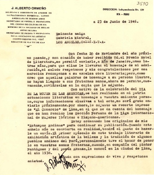 [Carta] 1946 jun. 23, Ica, Perú [a] Gabriela Mistral, Los Angeles, Calif., E.U.A