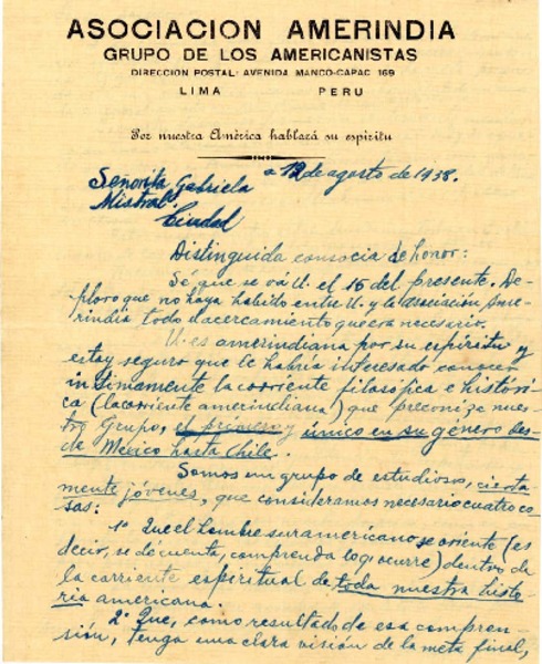 [Carta] 1938 ago. 12, Lima, Perú [a] Gabriela Mistral