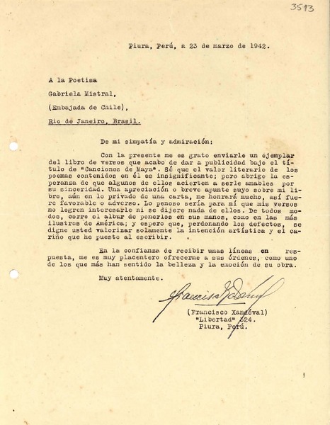 [Carta] 1942 mar. 23, Piura, Perú [a] Gabriela Mistral, Río de Janeiro
