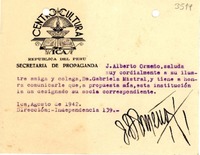 [Tarjeta] 1942 ago., Ica, [Perú] [a] Gabriela Mistral
