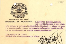 [Tarjeta] 1942 ago., Ica, [Perú] [a] Gabriela Mistral