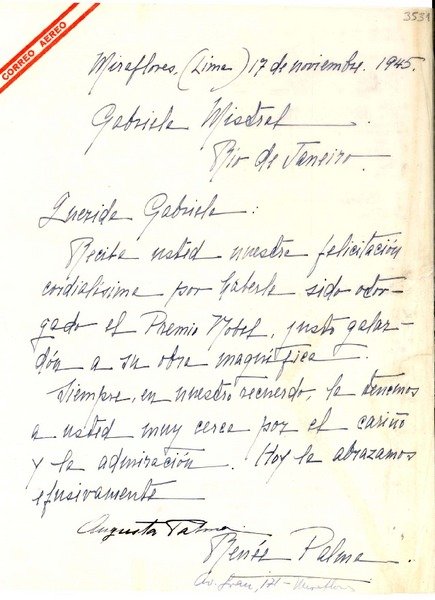 [Carta] 1945 nov. 17, Lima, [Perú] [a] [Gabriela Mistral]