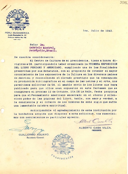[Carta] 1942 jul., Ica, [Perú] [a] Gabriela Mistral, Petrópolis, Brasil