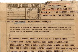 [Telegrama] 1945 nov. 17, Vaparaíso [i.e. Valparaíso], [Chile] [a] Gabriela Mistral, Consulado chileno, Petrópolis, [Brasil]