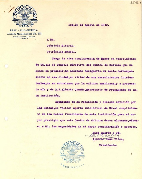 [Carta] 1942 ago. 10, Ica, [Perú] [a] Gabriela Mistral, Petrópolis, Brasil