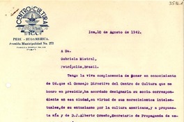 [Carta] 1942 ago. 10, Ica, [Perú] [a] Gabriela Mistral, Petrópolis, Brasil