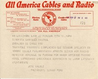 [Telegrama] 1945 nov. 17, Lima, Perú [a] Gabriela Mistral, Río [de Janeiro]