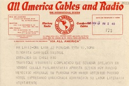 [Telegrama] 1945 nov. 17, Lima, Perú [a] Gabriela Mistral, Río [de Janeiro]