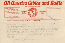 [Telegrama] 1945 nov. 17, Lima, [Perú] [a] Gabriela Mistral, Río [de Janeiro]
