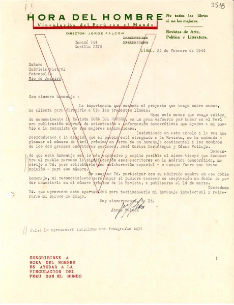 [Carta] 1944 feb. 22, Lima [a] Gabriela Mistral, Petrópolis, Río de Janeiro